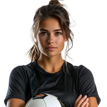 Pro female football player standing with confidence while holding a soccer ball white isolated background image, clear detail and natural light, simple clean look simple style clean look soft tone cal