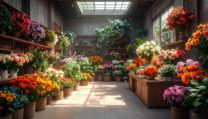 A vibrant flower shop interior, filled with colorful bouquets and plants, bathed in natural light.