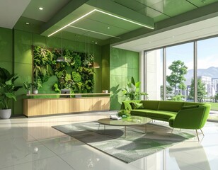 A modern office lobby boasts a vibrant green color scheme, featuring a living wall and comfortable seating.