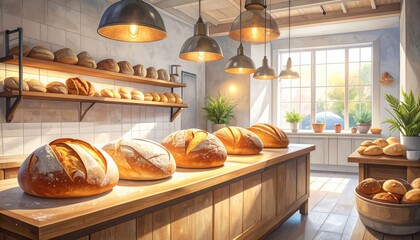 A warm and inviting bakery interior, showcasing various loaves of fresh bread displayed on wooden counters and shelves, bathed in sunlight streaming through a large window.