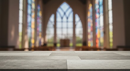 Mockup of blurred interior of a church with stained glass windows and altar in the background for commercial usage