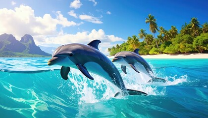 Two playful dolphins leap gracefully over azure waves near a tropical island paradise.