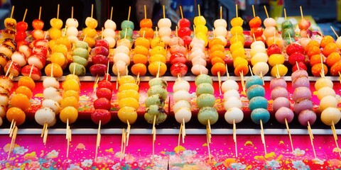 Rows of vibrantly hued mochi balls on skewers create a visually enticing street food display.