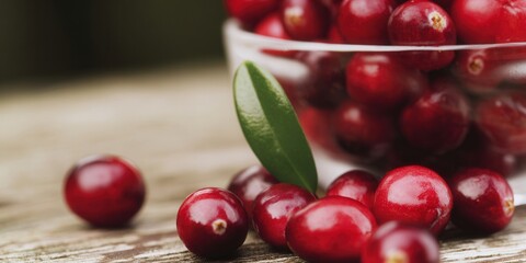 Vibrant red cranberries are displayed in a bowl on a rustic wooden table with a green leaf.