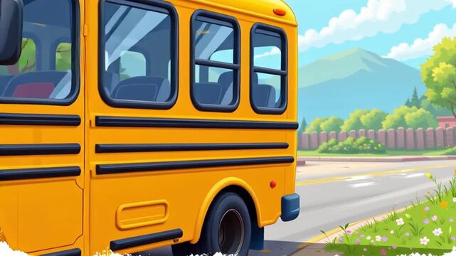 Cheerful yellow school bus cartoon style on suburban street, happy face, blue sky, green trees, flowers, sunny day, vehicle transportation
