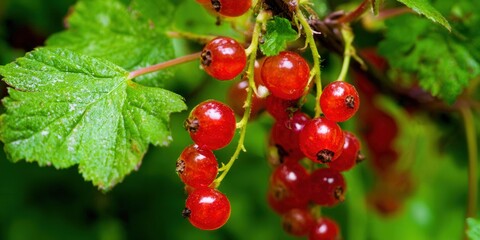A vibrant close-up of ripe red currants, bursting with freshness on the branch.