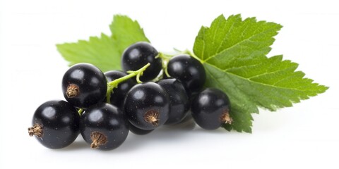 Fresh blackcurrants with green leaves on a white background.