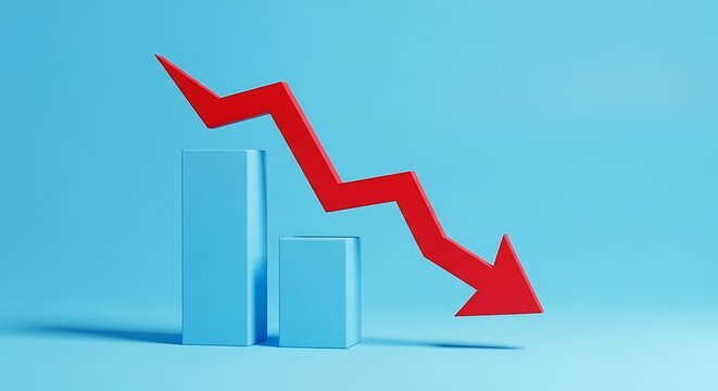 Red arrow falling over blue bars graph chart