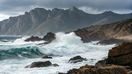 Obraz premium Dramatic ocean waves crashing against rocky mountains. AI GENERATED. 