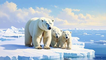Three majestic polar bears stand guard on a vast expanse of arctic ice, bathed in the tranquil light of a serene winter day.