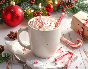 A festive mug of peppermint hot chocolate, garnished with whipped cream and candy canes, sits on a white wooden table, surrounded by Christmas decorations.