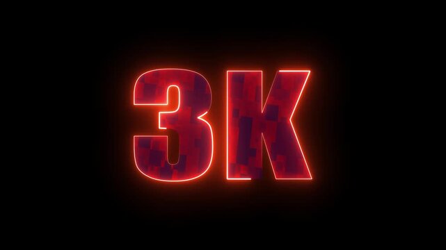 3k glowing neon number design, bright red futuristic typography on dark background, digital followers milestone and online community celebration art