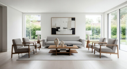 Fototapeta premium Serene contemporary living space designed for comfort and elegance, featuring abundant natural light and sophisticated neutral decor, perfect for relaxation and modern lifestyle.