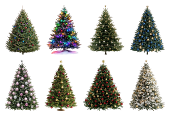 PNG Colorful festive Christmas trees variety, element set on transparent background