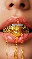 Close-up of womans mouth with honey-dipped teeth and dripping honey.