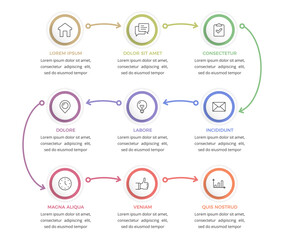 Business workflow, timeline or process infographic template with 9 steps connected by arrows