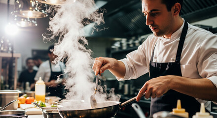 Chef stirring food in a pan with steam rising in a restaurant kitchen, other chefs in background.