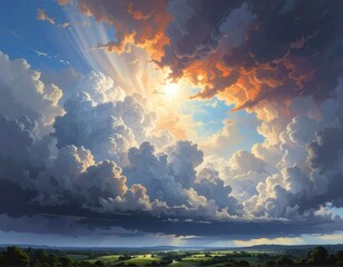 A breathtaking view of a dramatic sky filled with magnificent clouds, showcasing a radiant sun and a landscape of rolling hills.