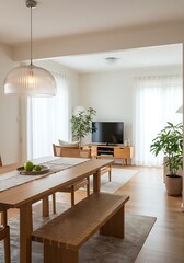Modern minimalist dining room with wooden table and bench.