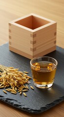 Japanese Sake Presentation - Wooden Box, Glass, and Grains.