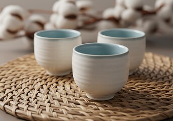 Three Ceramic Cups on Woven Mat with Cotton Background.