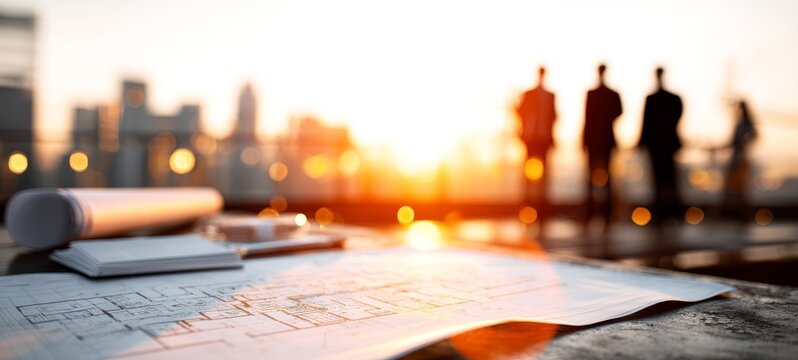 Architectural Planning Table on Rooftop at Sunset with Blueprints, Scale Model, Digital Tools, and Blurred Team with City Skyline in Background, Warm Golden Light
