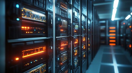 A large industrial battery bank efficiently powering a data center, illuminated by glowing LED indicators in photo-realistic detail.