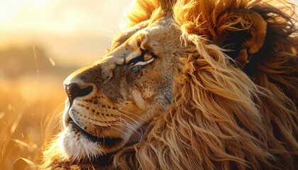 Close-up profile view of a majestic lion, showcasing its golden mane and focused gaze against a warm, sunlit savanna background.