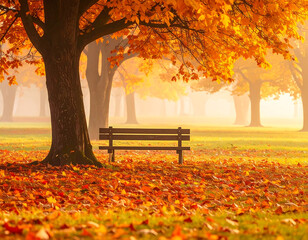 Obraz premium Autumn scene with a park bench under a large tree with vibrant orange and yellow leaves, surrounded by fallen foliage.