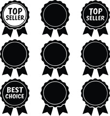 Award Badges with Ribbon Designs top seller and best choice labels in 3x3 Grid on White Background