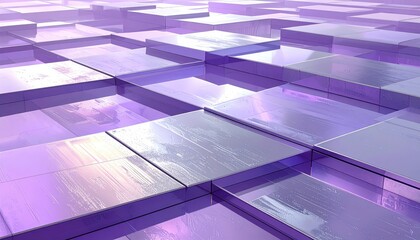 A meticulously detailed design of overlapping, glossy, lavender-purple cubic forms, showcasing a dynamic pattern and shimmering reflections.