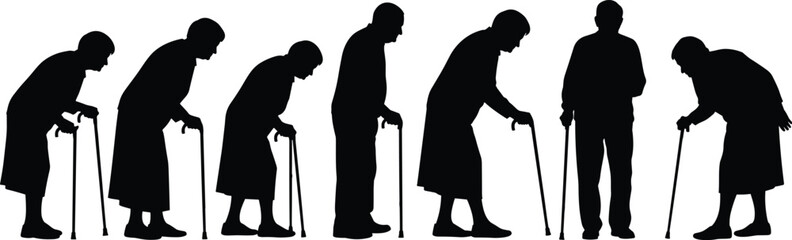 Silhouette Sequence of Elderly Person with Cane Showing Posture Change Over Time, Aging Cycle, Health Decline, Black Vector Art