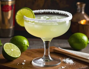 A vibrant cocktail, a margarita, garnished with a lime wedge and a salted rim, sits in a glass, showcasing the refreshing drink.
