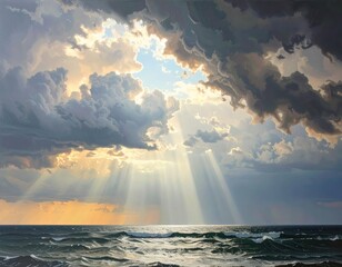 Dramatic sunset rays pierce through storm clouds over a tranquil ocean.
