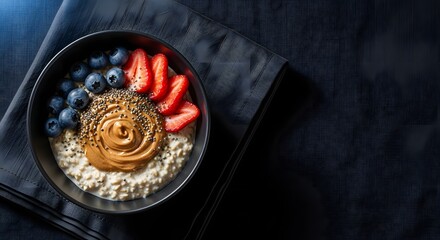 Overnight oats with berries, chia and almond butter swirl
