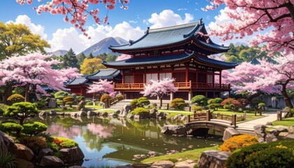 A serene Japanese temple garden with vibrant cherry blossoms, tranquil water, and a beautiful wooden bridge under a bright sky.