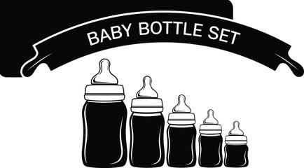 Silhouette Set of Baby Bottles in Multiple Sizes with Banner, Infant Feeding Accessories, Black Vector Icons for Parenting Products
