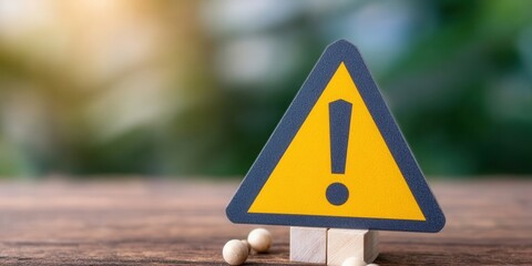 A yellow triangle hazard warning sign with an exclamation point stands out on a wooden surface.