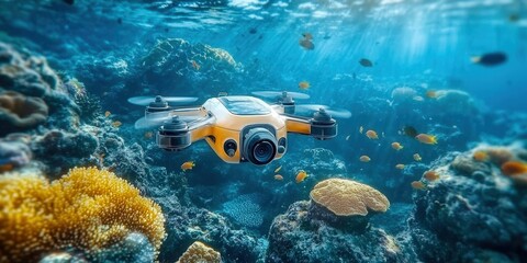 Underwater drone explores the vibrant coral reefs, capturing stunning marine life in the ocean.