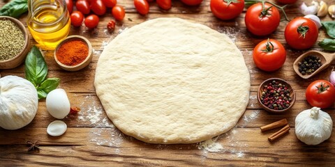 Delicious pizza ingredients arranged around a round of fresh pizza dough, ready to be made.