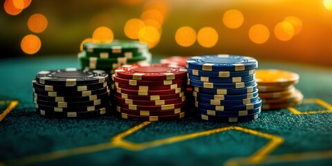 Poker chips stacked on a green felt table, a vibrant scene of casino games.