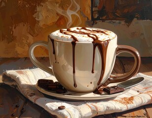 A warm, inviting depiction of a steaming mug of hot chocolate, dripping with rich dark chocolate, artfully presented on a textured surface.