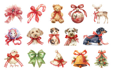 PNG Festive watercolor animals decorations, element set on transparent background
