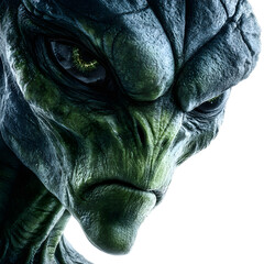 Scary green alien white isolated background image, clear detail and natural light, simple clean look simple style clean look soft tone calm mood minimal style natural light clear focus high detail mod