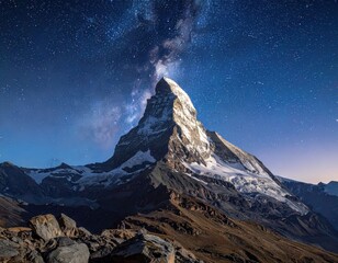 Majestic mountain peak, dusted with snow, stands tall against a backdrop of a star-studded night sky, showcasing the Milky Way.