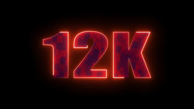 12k glowing neon number, red futuristic typography design for subscribers milestone, social media celebration and online community success