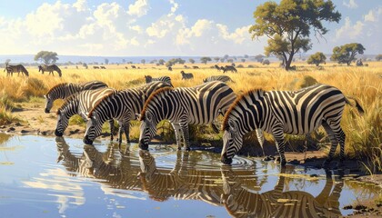 Zebras drink from a tranquil watering hole in a golden savanna landscape under a clear sky.