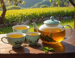 A serene outdoor scene featuring a glass teapot and teacups filled with steaming tea, positioned on a wooden table amidst a vibrant garden setting.