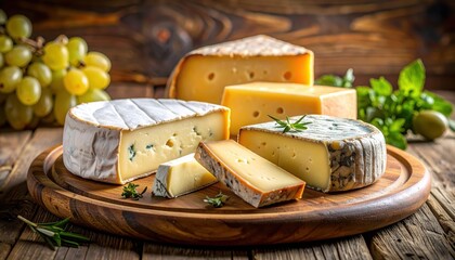 Assorted cheeses, including camembert, aged hard cheese, and a blue cheese, displayed on a rustic wooden board, accompanied by herbs and grapes.