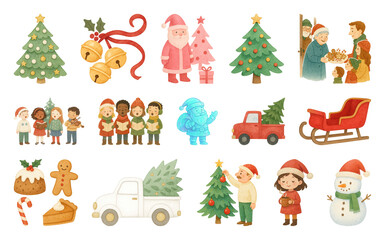 PNG Festive holiday illustrations and icons, element set on transparent background